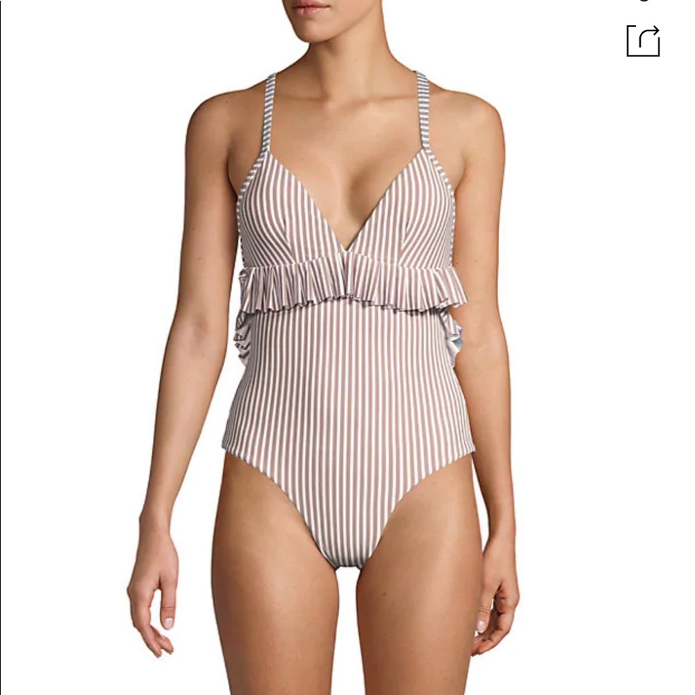 Avec Les Filles Striped Ruffle One-Piece Swimsuit